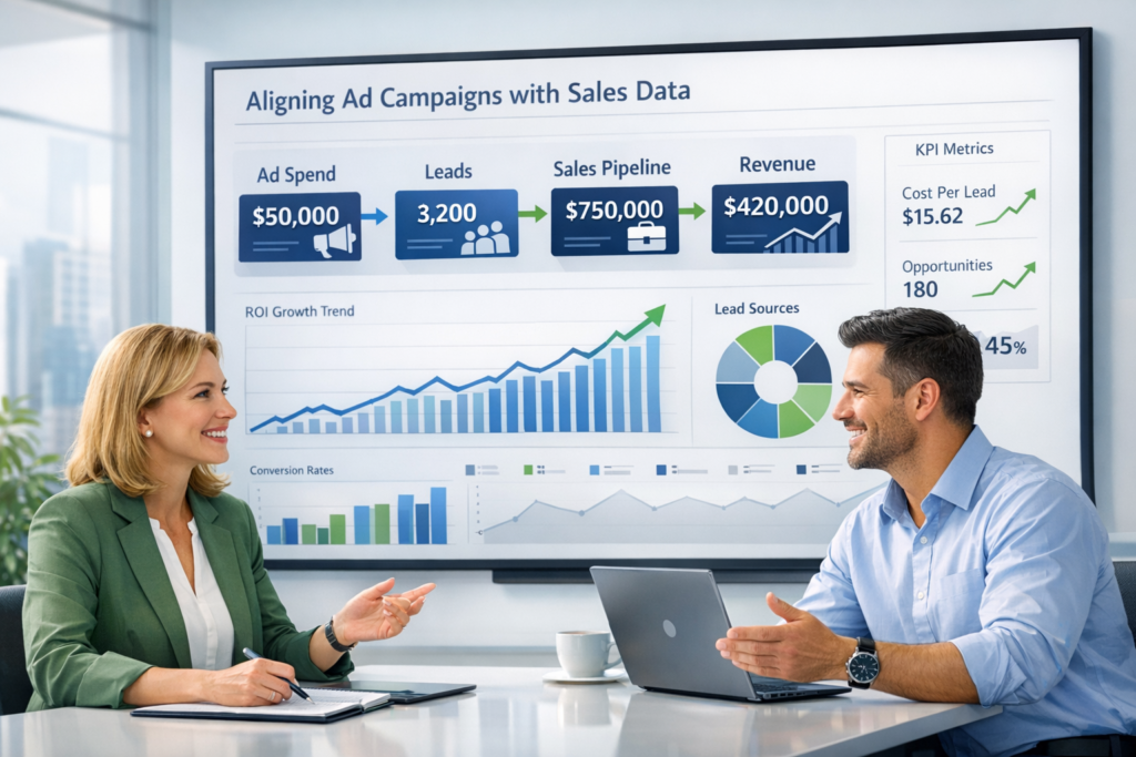 Marketing and sales leaders reviewing a dashboard that connects ad spend, leads, pipeline, and revenue for predictable ROI