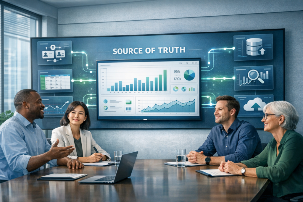 Team aligning multiple dashboards and data sources into one trusted reporting view in a modern office