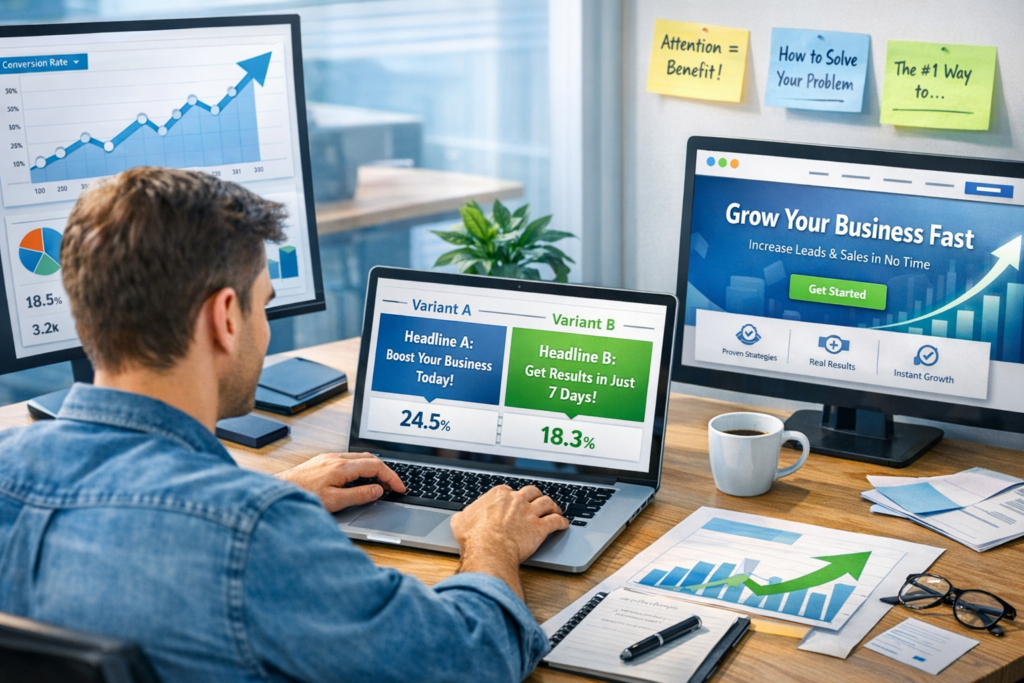 Marketer testing better headlines on a landing page to improve conversion rates fast