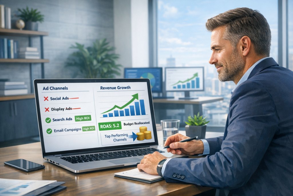Marketer reviewing ad channel performance dashboard to cut non-revenue channels and improve ROI