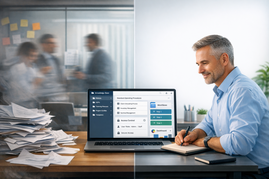 Business owner using document systems to organize workflows and reduce agency dependency