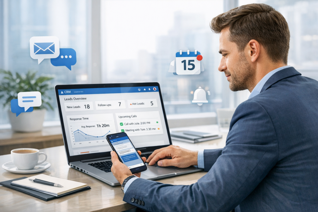 Business professional reviewing lead follow-up scripts and CRM tasks on a laptop and phone in a modern office.