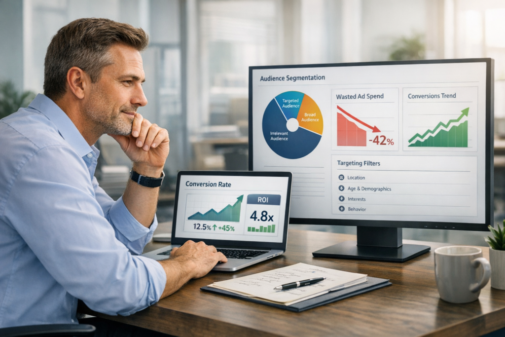 Marketing professional reviewing ad targeting analytics and reduced wasted ad spend on a laptop and monitor in a modern office