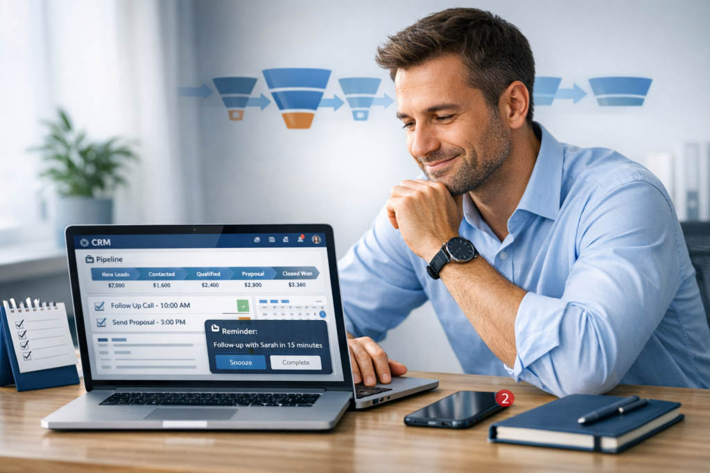 Business professional using a CRM and calendar reminders to manage lead follow-up efficiently at a modern desk