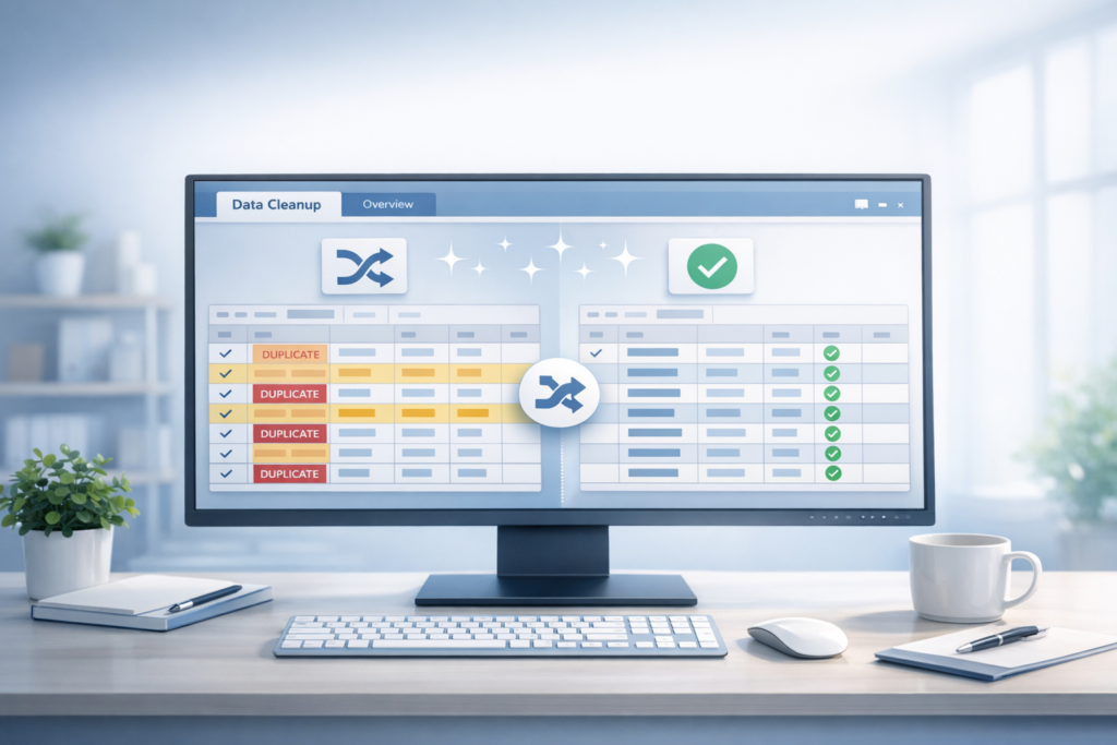 Computer dashboard showing duplicate data being cleaned into an organized, reliable dataset in a modern professional workspace.