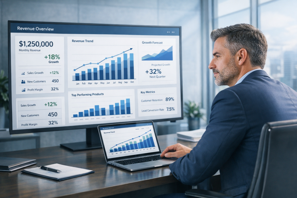 Business professional reviewing a revenue dashboard with growth charts and reporting insights in a modern office
