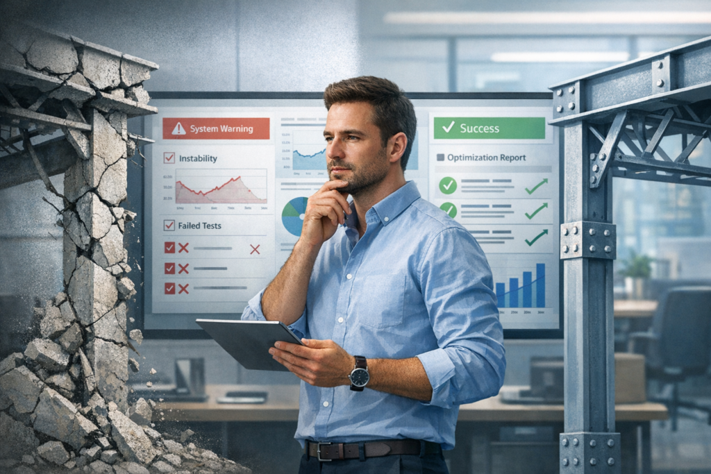 Business leader reviewing performance metrics and systems before scaling growth to avoid operational problems