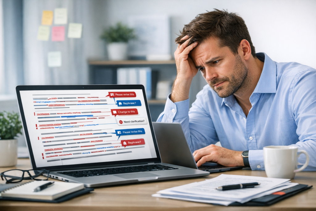 Professional reviewing a document with track changes and comments on screen