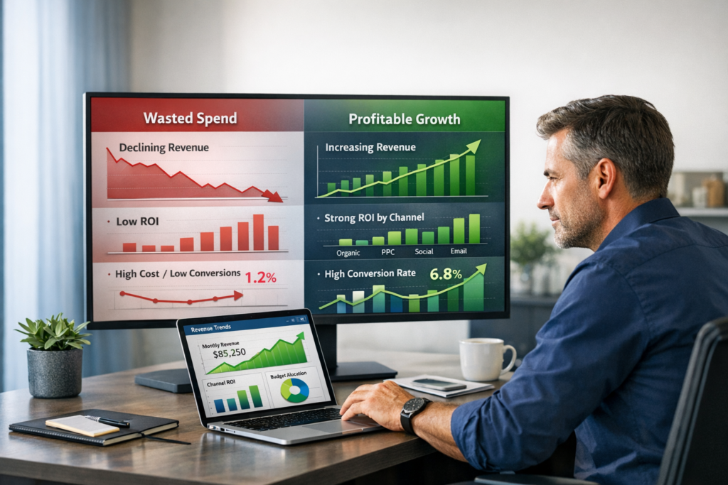 Business professional reviewing a revenue tracking dashboard with ROI, channel performance, and growth charts on screens in a modern office