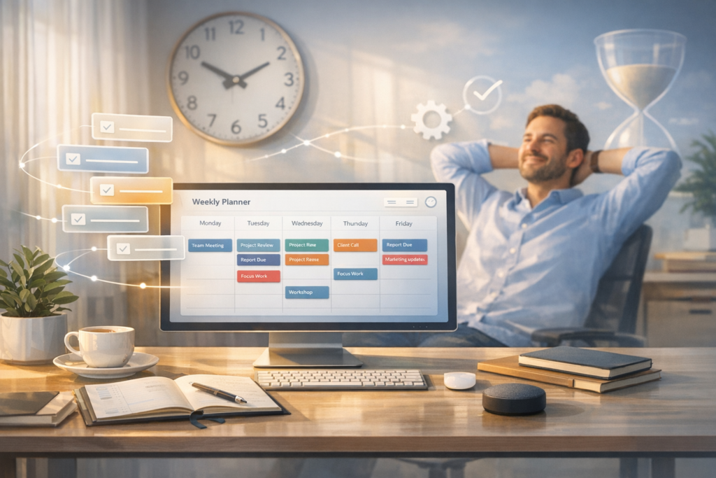 Organized modern workspace with a weekly planning dashboard and calm professional, symbolizing a weekly cadence that keeps work running smoothly without constant oversight.