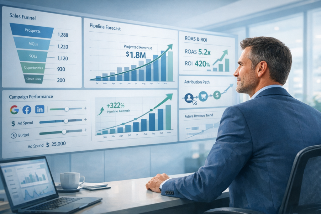 Business leader reviewing forecast pipeline dashboard for predictable scalable ad ROI growth