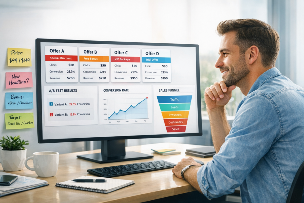 Marketer reviewing offer tests and funnel conversion data on a dashboard